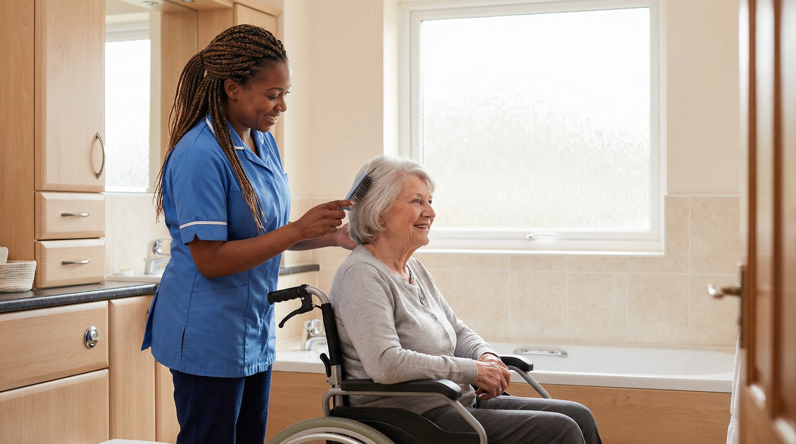 Healthcare professionals providing various comfort care services to patient at home